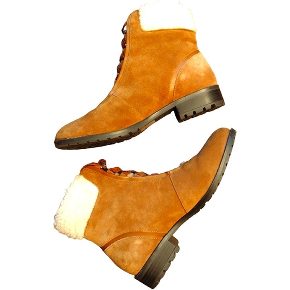 NWOT Crown & Ivy "June" Ankle Boot, Size 7, Cognac Color, Suede w/ Faux Fur Trim - Picture 3 of 6